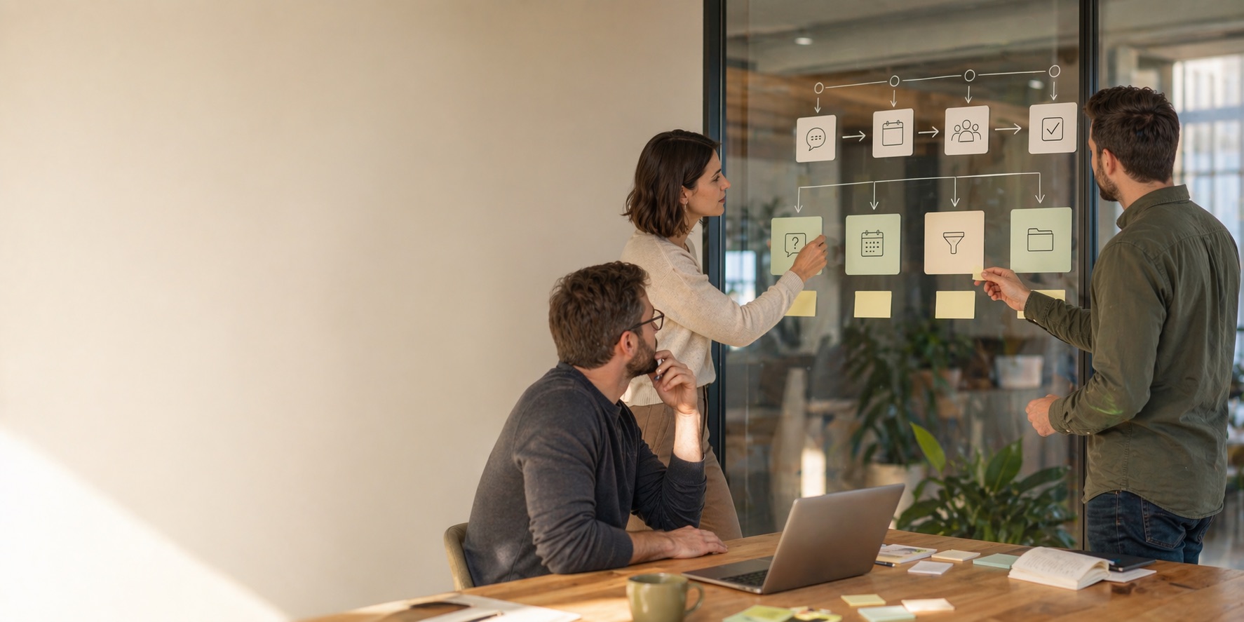 Tím mapuje jednoduché workflow kroky na sklenenej tabuli v kancelárii.