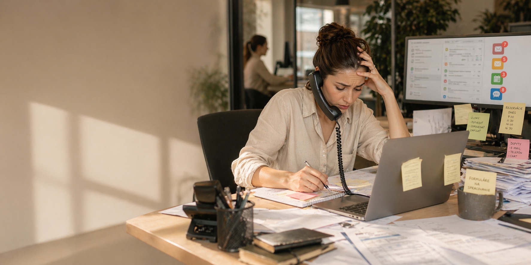 Pracovníčka v kancelárii rieši telefonát, e-maily a papierovú agendu naraz.