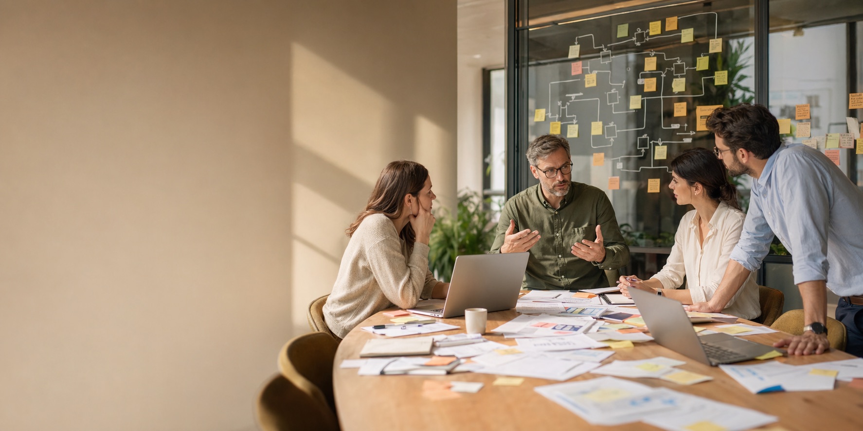 Tím vo firme diskutuje nad nejasným procesom pri stole plnom podkladov a poznámok.
